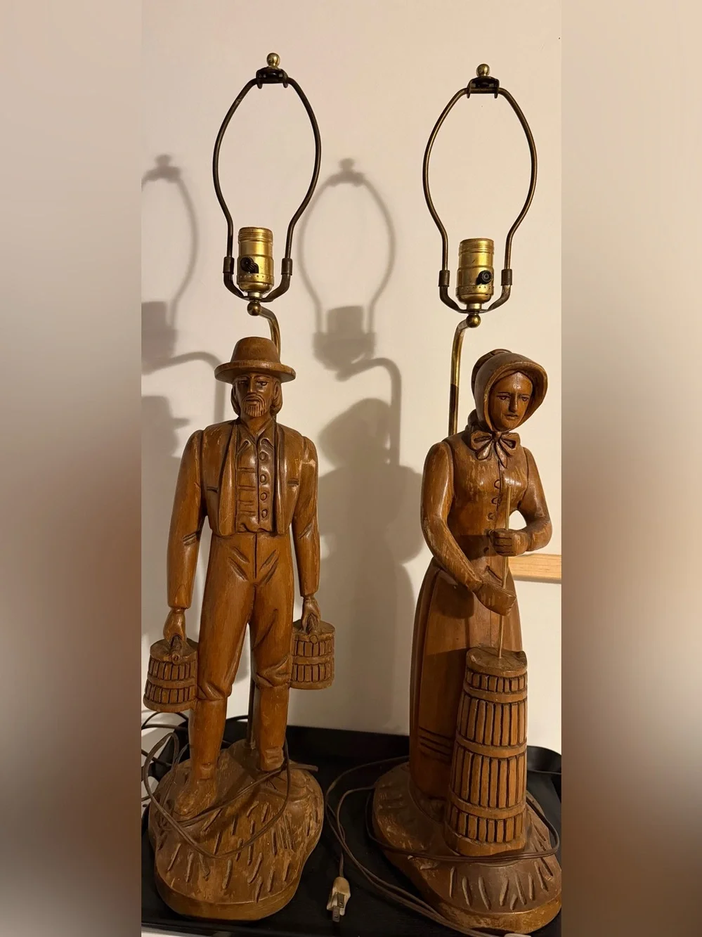 Vintage Americana Pioneer Man & Woman Wood Carved Lamps ( 20” Tall No Shades)